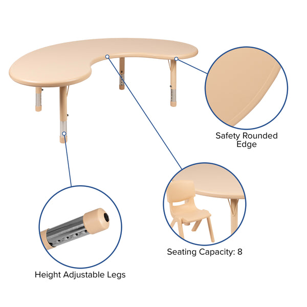 Natural |#| 35"W x 65"L Half-Moon Natural Plastic Adjustable Activity Table Set - 4 Chairs