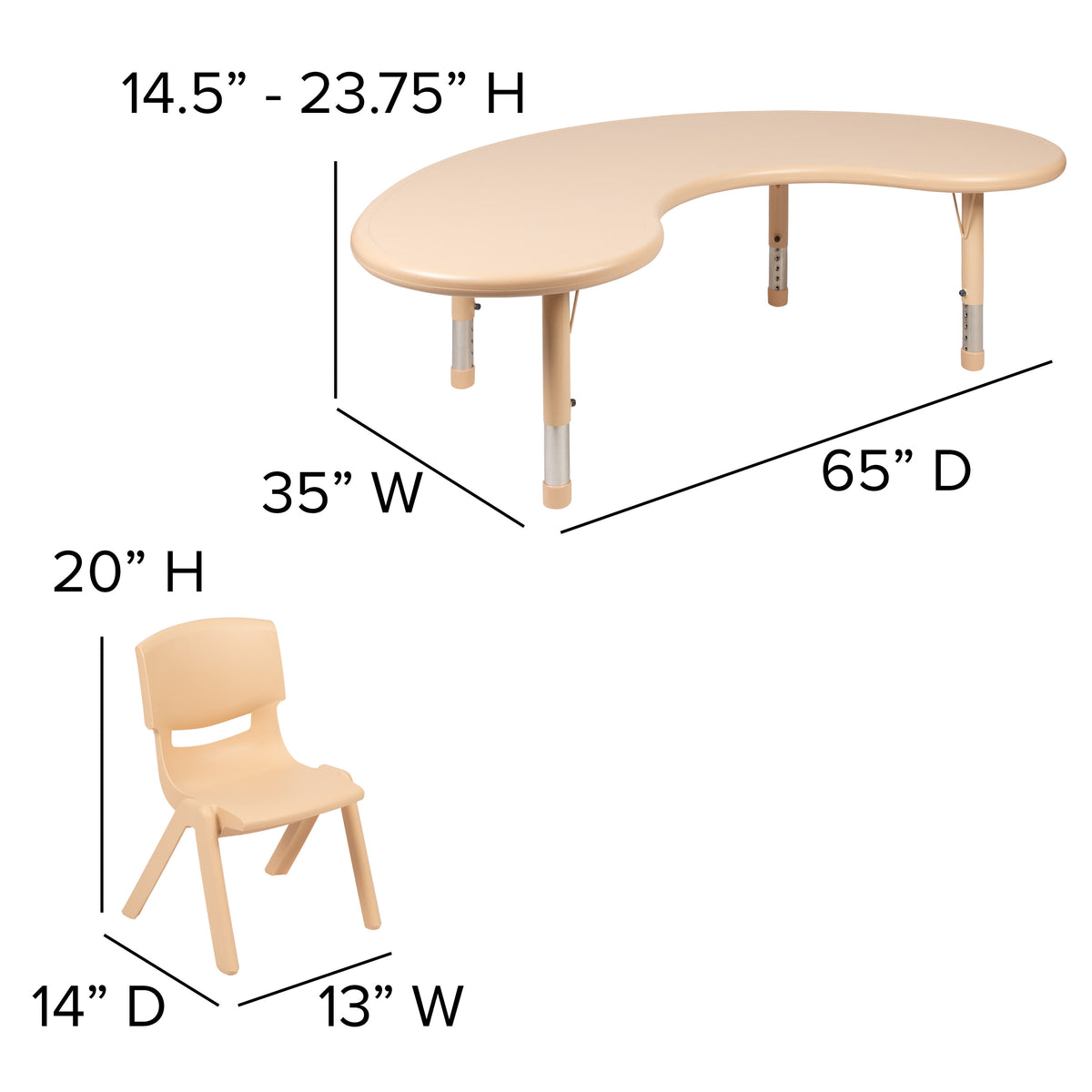 Natural |#| 35"W x 65"L Half-Moon Natural Plastic Adjustable Activity Table Set - 4 Chairs
