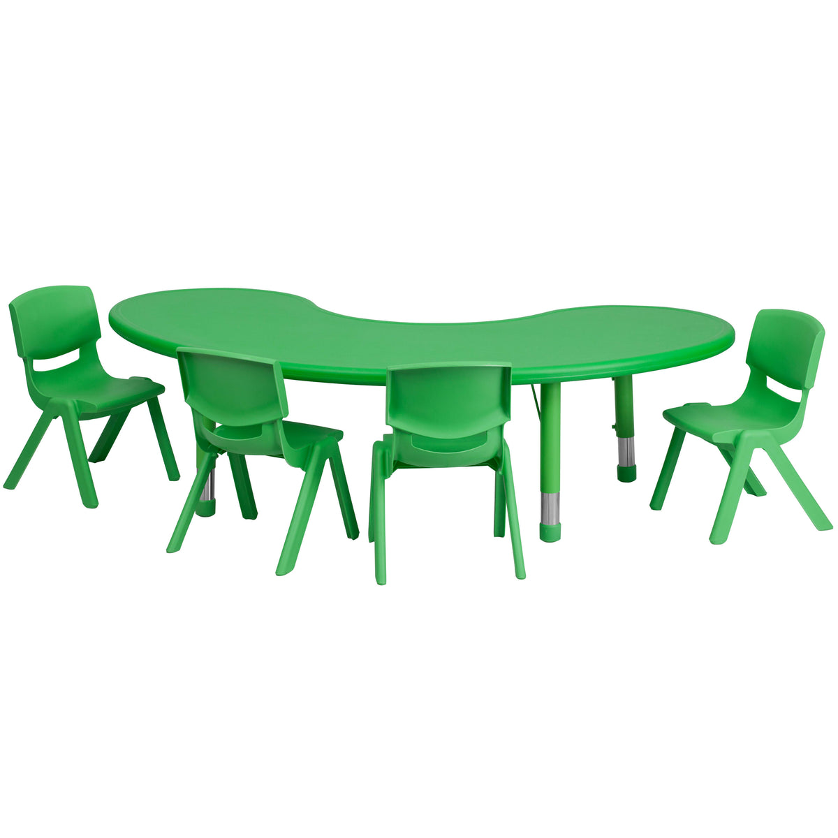 Green |#| 35"W x 65"L Half-Moon Green Plastic Adjustable Activity Table Set - 4 Chairs