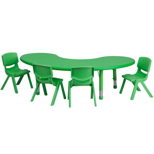 Green |#| 35"W x 65"L Half-Moon Green Plastic Adjustable Activity Table Set - 4 Chairs