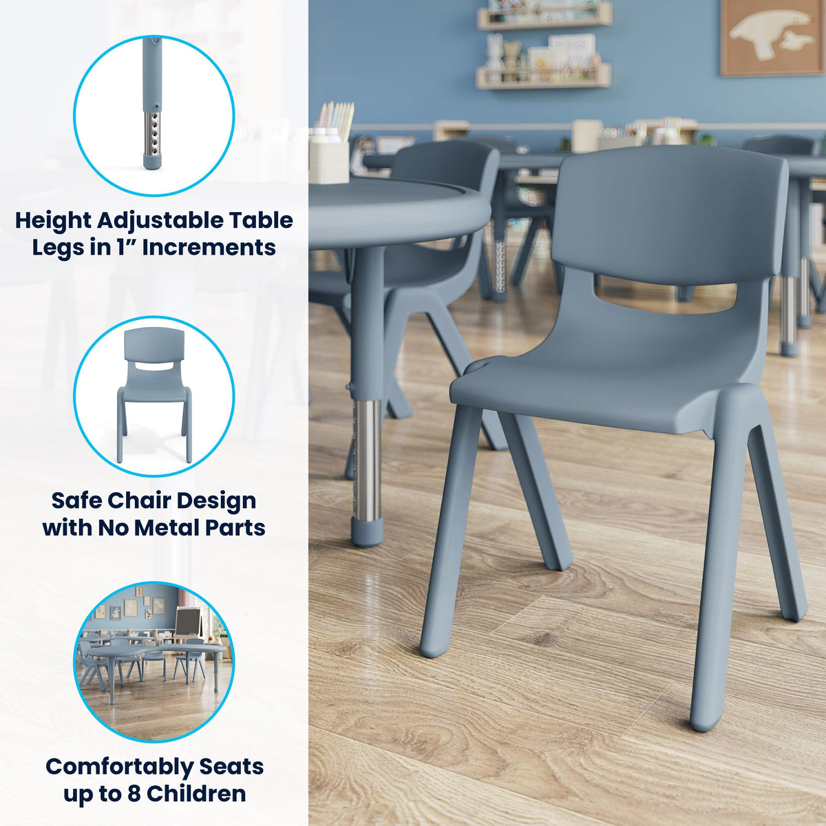 Dusty Blue |#| 5 PC Plastic Activity Table and 4 Chairs Set, 10.5" Seat Height-Dusty Blue