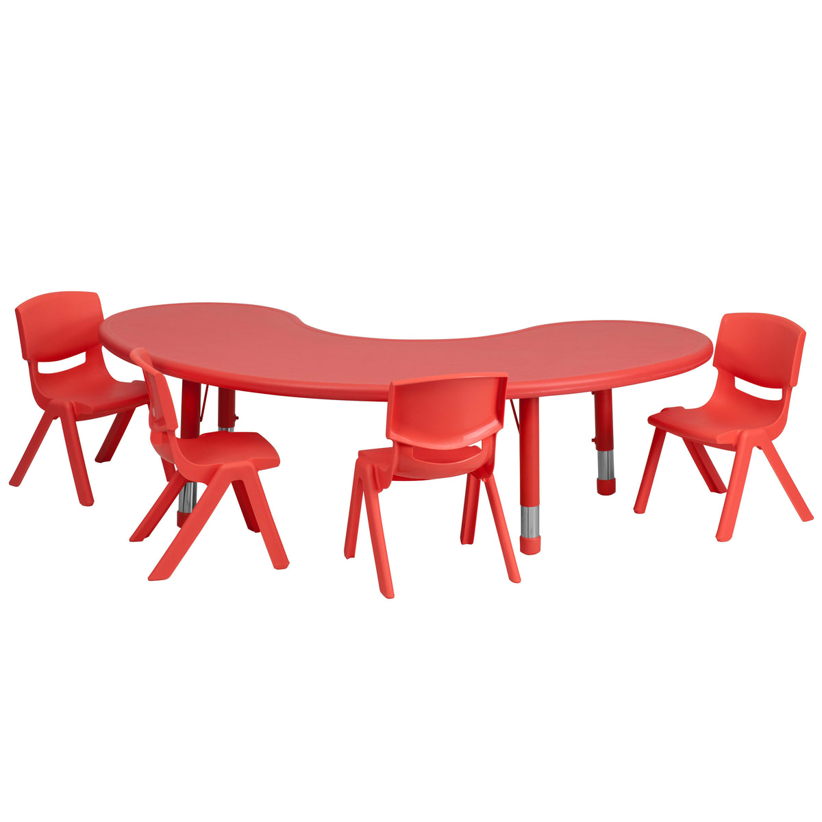 Red |#| 35"W x 65"L Half-Moon Red Plastic Adjustable Activity Table Set - 4 Chairs