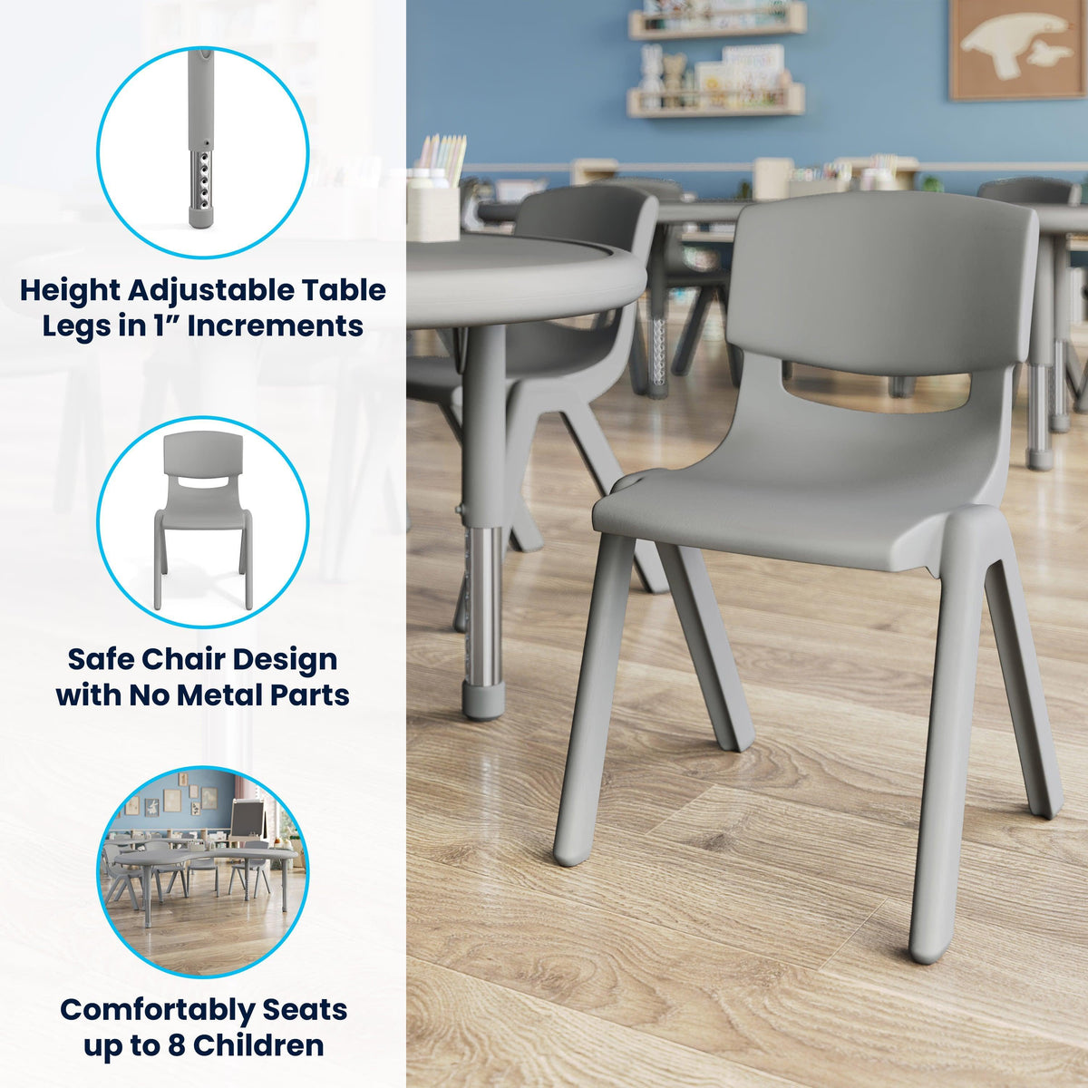 Soft Gray |#| 5 PC Plastic Activity Table and 4 Chairs Set, 10.5" Seat Height-Soft Gray