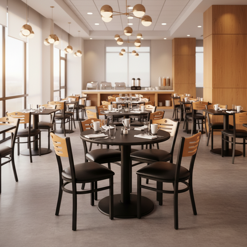 36'' Round Laminate Table Set with Wood Slat Back Chairs — Hotel Breakfast Dining 1:1