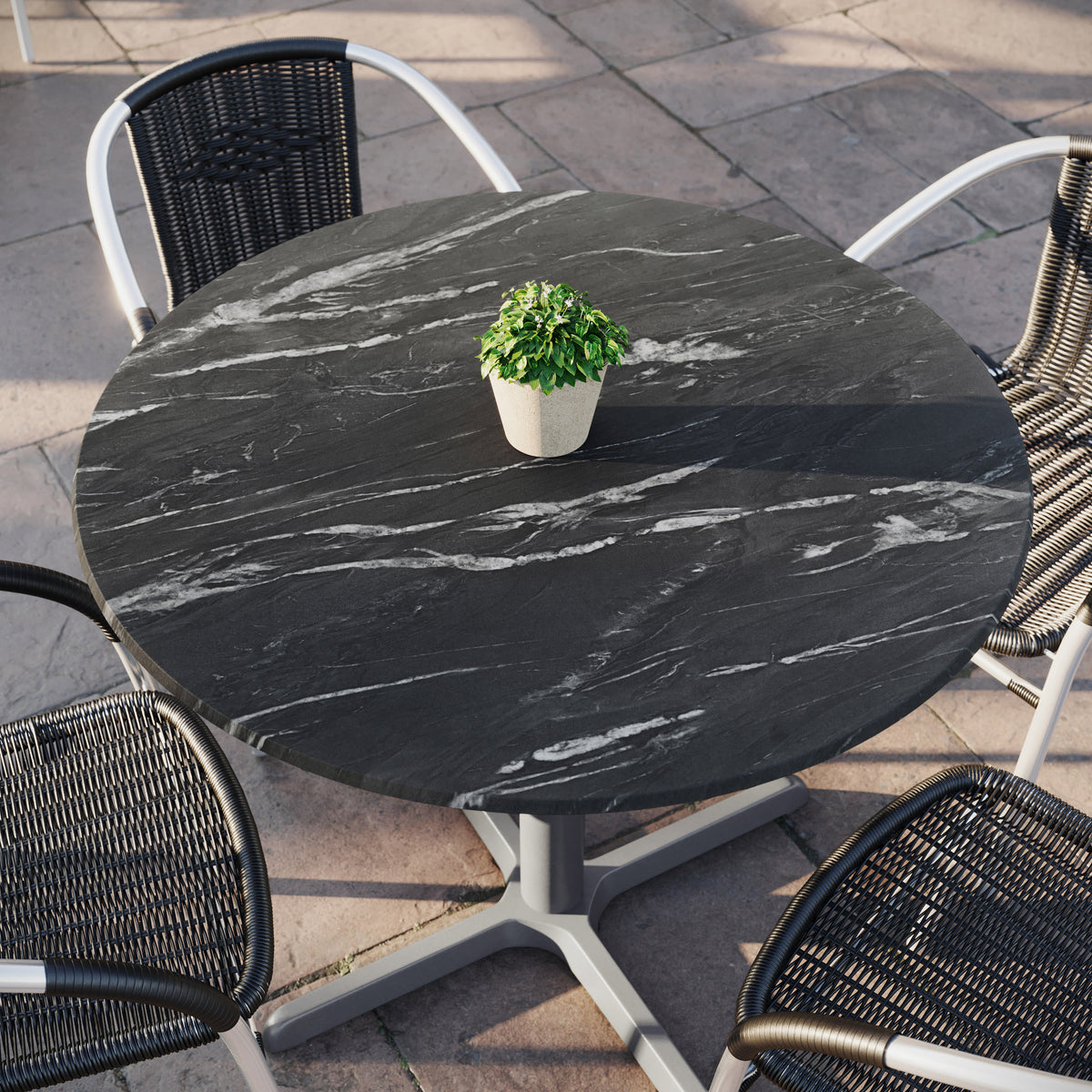 Black Faux Marble |#| Commercial 36" Round HPL Wrapped All-Weather Tabletop in Black Faux Marble