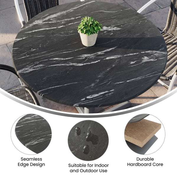 Black Faux Marble |#| Commercial 36" Round HPL Wrapped All-Weather Tabletop in Black Faux Marble