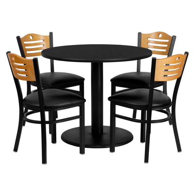 36'' Round Laminate Table Set with 4 Wood Slat Back Metal Chairs - View 1