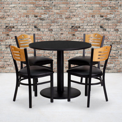 36'' Round Laminate Table Set with 4 Wood Slat Back Metal Chairs