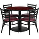 Mahogany Top/Burgundy Vinyl Seat |#| 36inch RD Mahogany Laminate Table with Round Base & 4 Metal Chairs-Burg Vinyl Seat