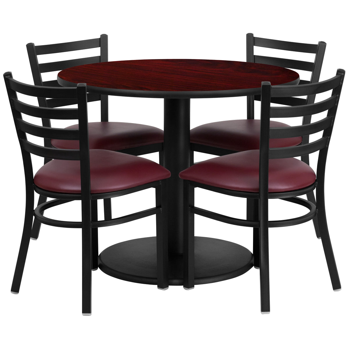 Mahogany Top/Burgundy Vinyl Seat |#| 36inch RD Mahogany Laminate Table with Round Base & 4 Metal Chairs-Burg Vinyl Seat