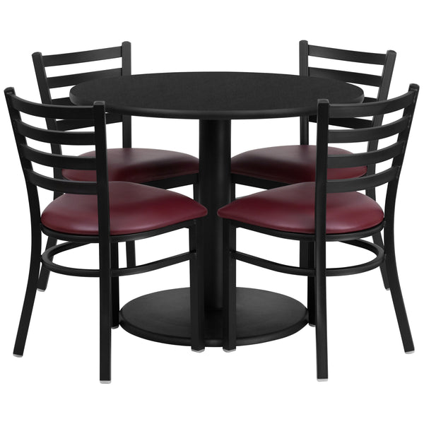 Black Top/Burgundy Vinyl Seat |#| 36inch RD Black Laminate Table w/ Round Base & 4 Metal Chairs-Burgundy Vinyl Seat