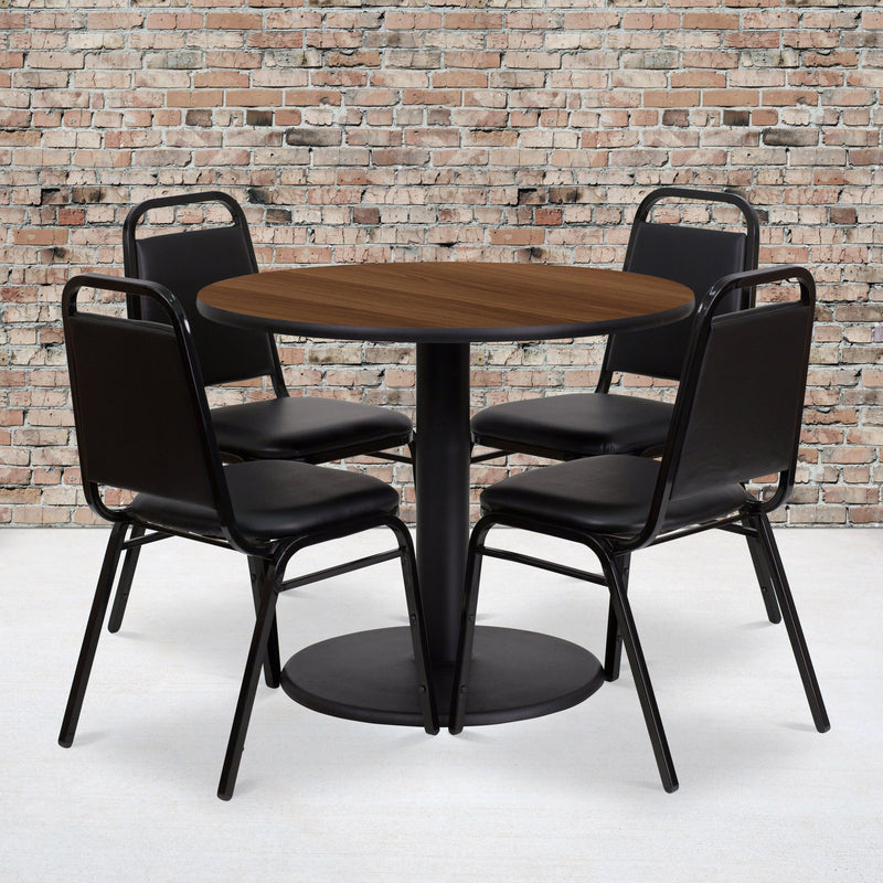 Walnut Top/Black Vinyl Seat |#| 36inch Round Walnut Laminate Table with Round Base and 4 Black Banquet Chairs