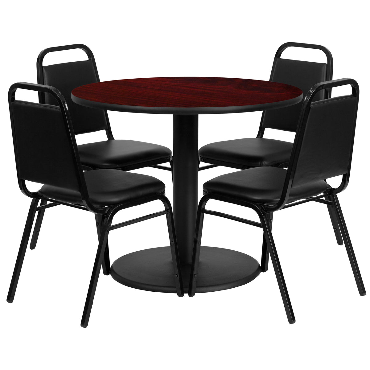 Mahogany Top/Black Vinyl Seat |#| 36inch Round Mahogany Laminate Table with Round Base and 4 Black Banquet Chairs