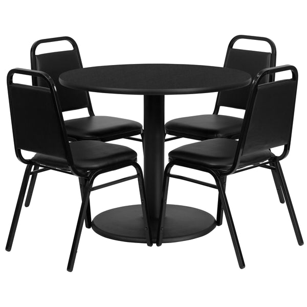 Black Top/Black Vinyl Seat |#| 36inch Round Black Laminate Table with Round Base & 4 Black Banquet Chairs