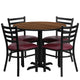 Walnut Top/Burgundy Vinyl Seat |#| 36inch Round Walnut Laminate Table w/ X-Base & 4 Metal Chairs - Burg Vinyl Seat