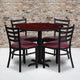 Mahogany Top/Burgundy Vinyl Seat |#| 36inch Round Mahogany Laminate Table w/ X-Base & 4 Metal Chairs - Burg Vinyl Seat