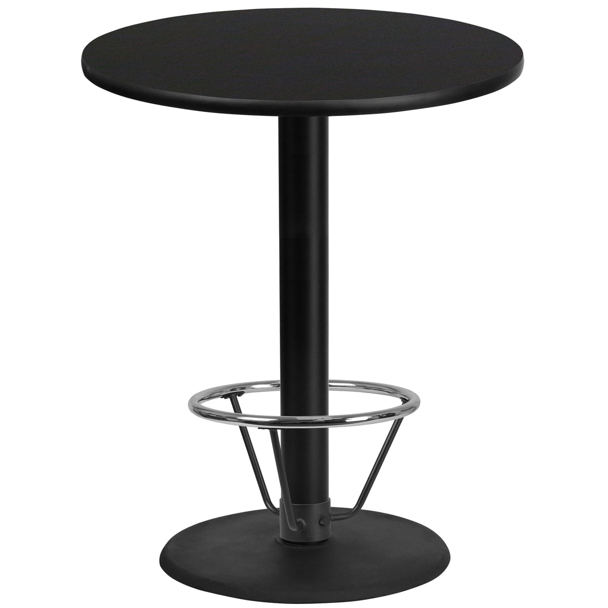 Black |#| 36inch Round Black Laminate Table Top & 24inch Round Bar Height Base with Foot Ring