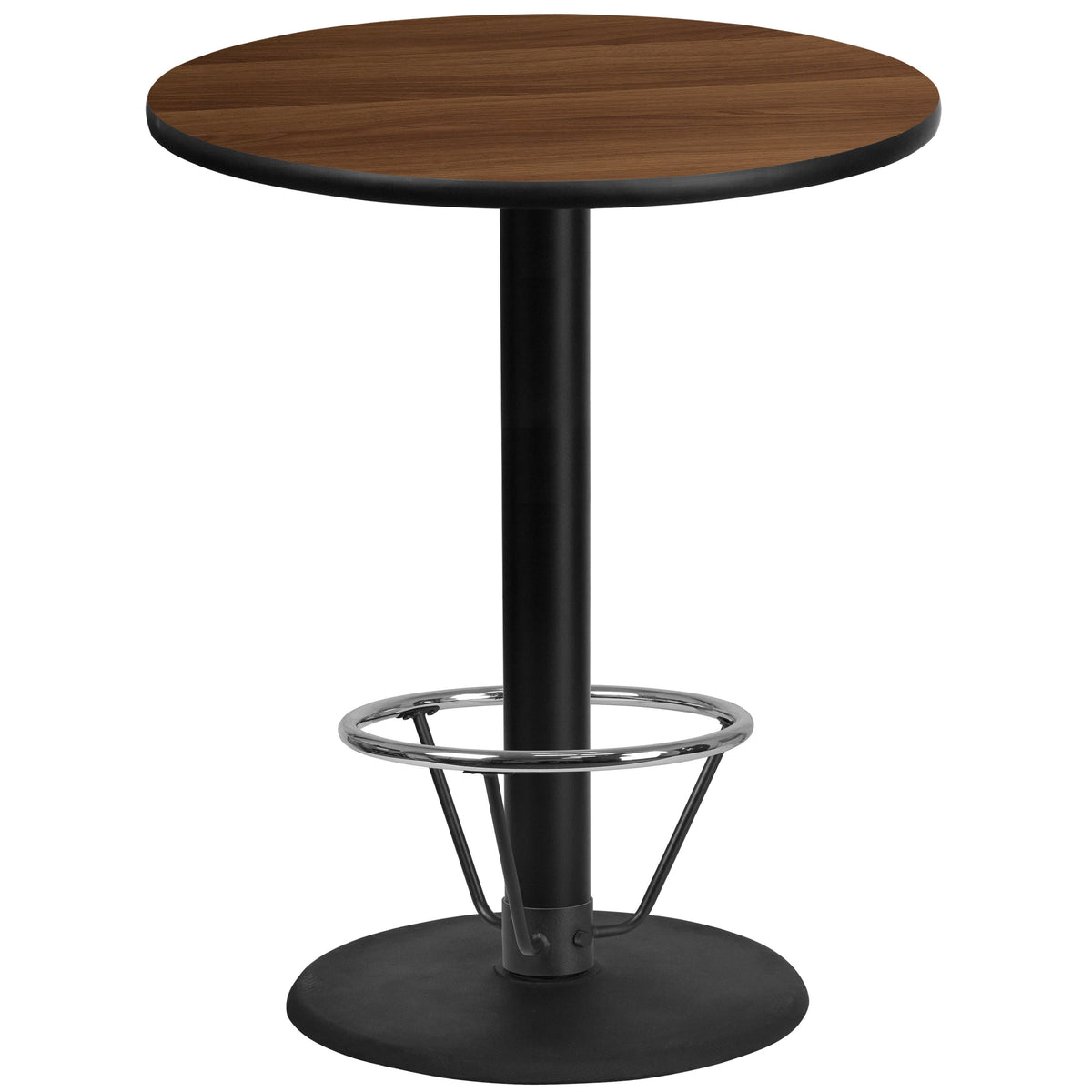 Walnut |#| 36inch Round Walnut Laminate Table Top & 24inch Round Bar Height Base with Foot Ring