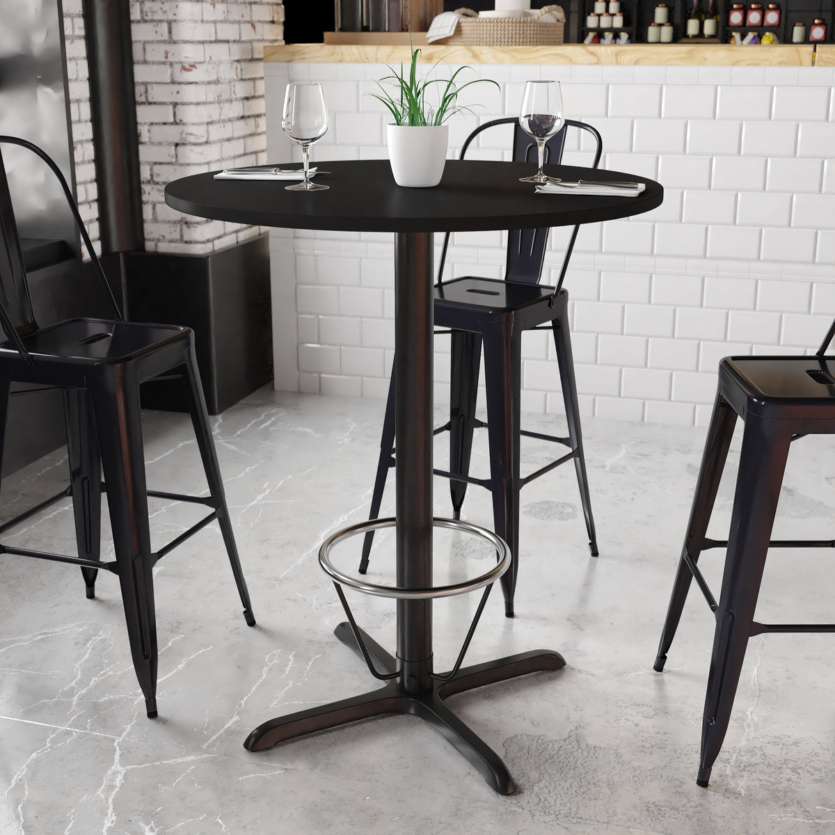 Black |#| 36inch Round Black Laminate Table Top & 30inchx 30inch Bar Height Base with Foot Ring