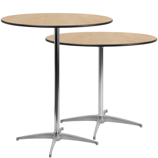 Natural |#| 36" Round Wood Commercial Grade Cocktail Table with 30" and 42" Columns