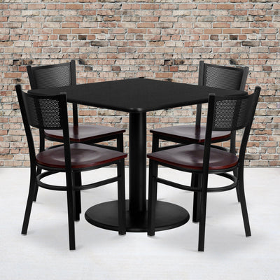 36'' Square Laminate Table Set with 4 Grid Back Metal Chairs