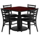 Mahogany Top/Black Vinyl Seat |#| 36inch SQ Mahogany Laminate Table w/ Round Base & 4 Metal Chairs-Black Vinyl Seat