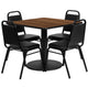 Walnut Top/Black Vinyl Seat |#| 36inch Square Walnut Laminate Table with Round Base and 4 Black Banquet Chairs