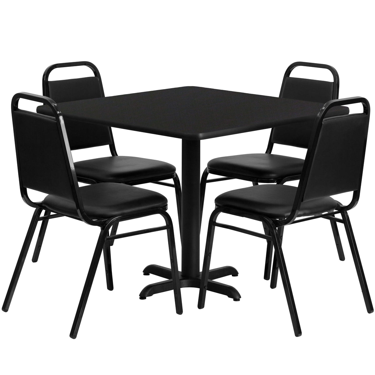 Black Top/Black Vinyl Seat |#| 36inch Square Black Laminate Table with X-Base and 4 Black Banquet Chairs