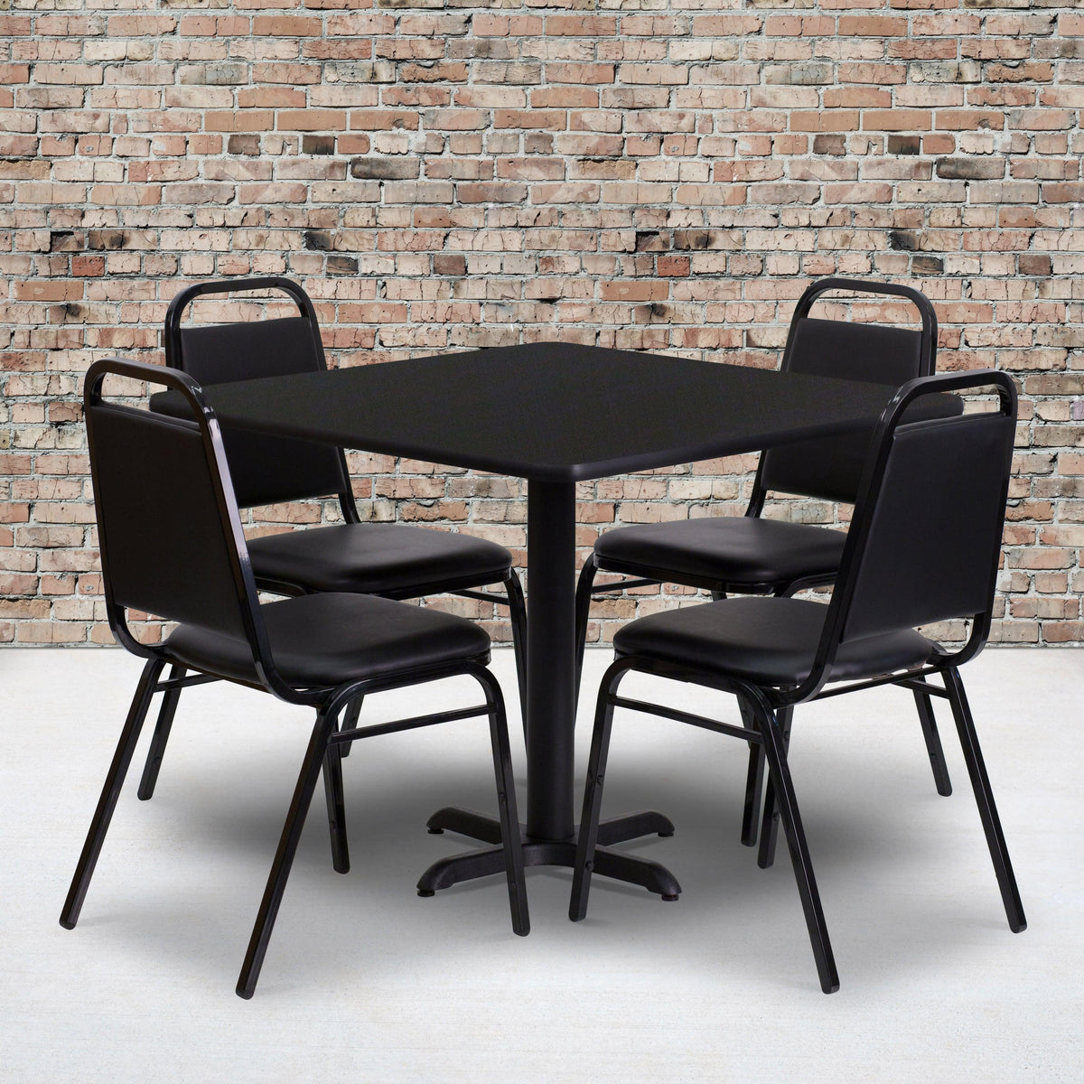 Black Top/Black Vinyl Seat |#| 36inch Square Black Laminate Table with X-Base and 4 Black Banquet Chairs