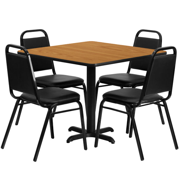 Natural Top/Black Vinyl Seat |#| 36inch Square Natural Laminate Table with X-Base and 4 Black Banquet Chairs