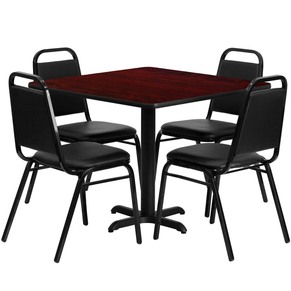 Mahogany Top/Black Vinyl Seat |#| 36inch Square Mahogany Laminate Table with X-Base and 4 Black Banquet Chairs