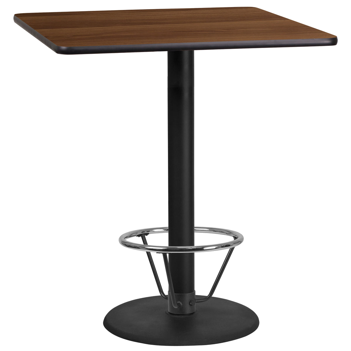 Walnut |#| 36inch SQ Walnut Laminate Table Top & 24inch Round Bar Height Base with Foot Ring