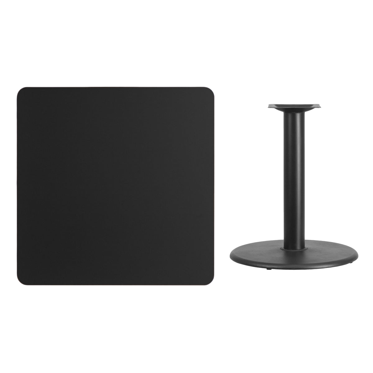 Black |#| 36inch Square Black Laminate Table Top with 24inch Round Table Height Base