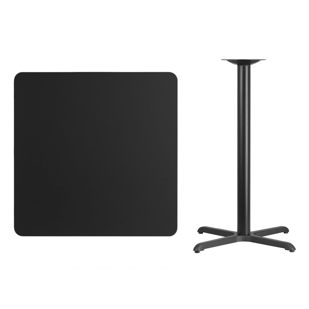 Black |#| 36inch Square Black Laminate Table Top with 30inch x 30inch Bar Height Table Base