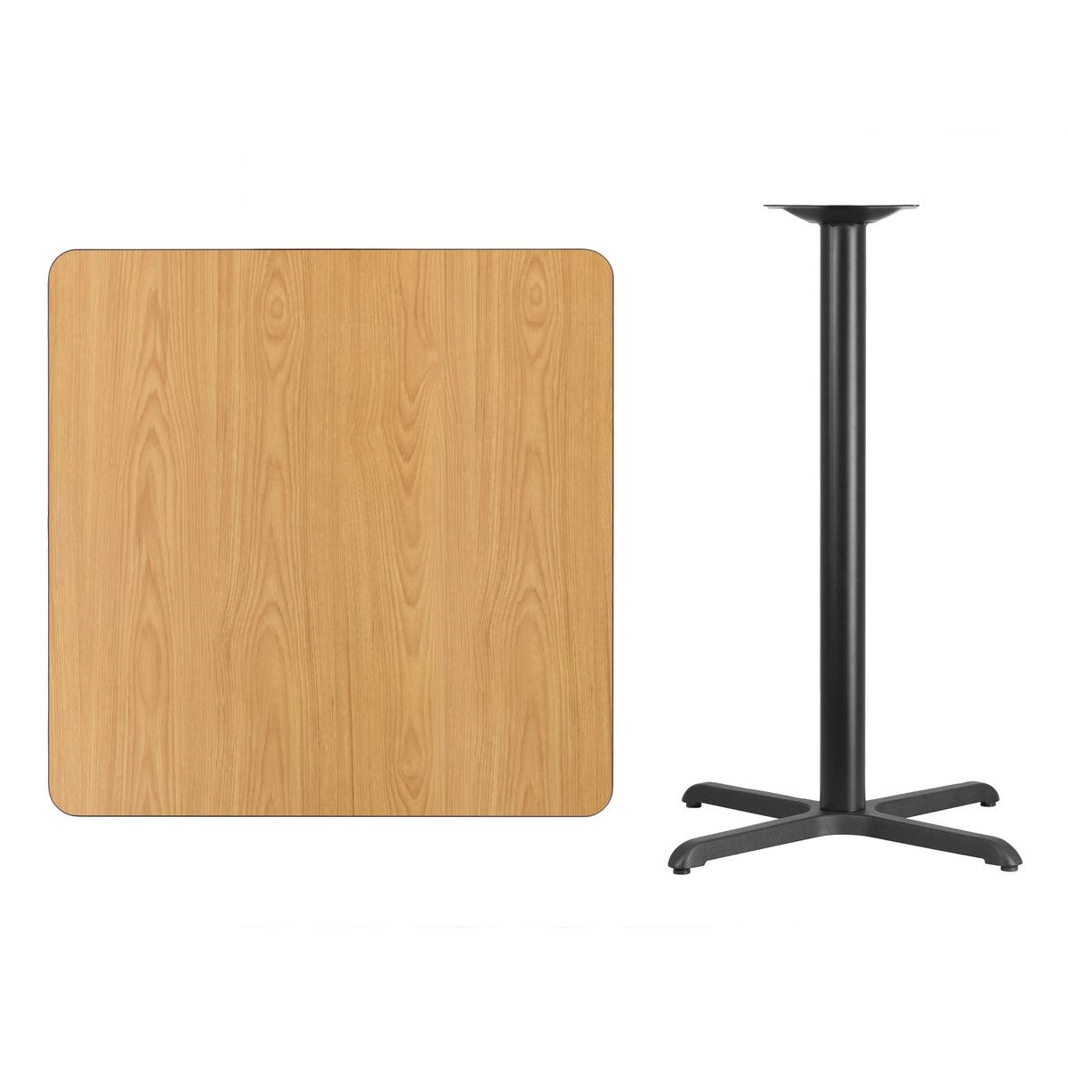 Natural |#| 36inch Square Natural Laminate Table Top with 30inch x 30inch Bar Height Table Base