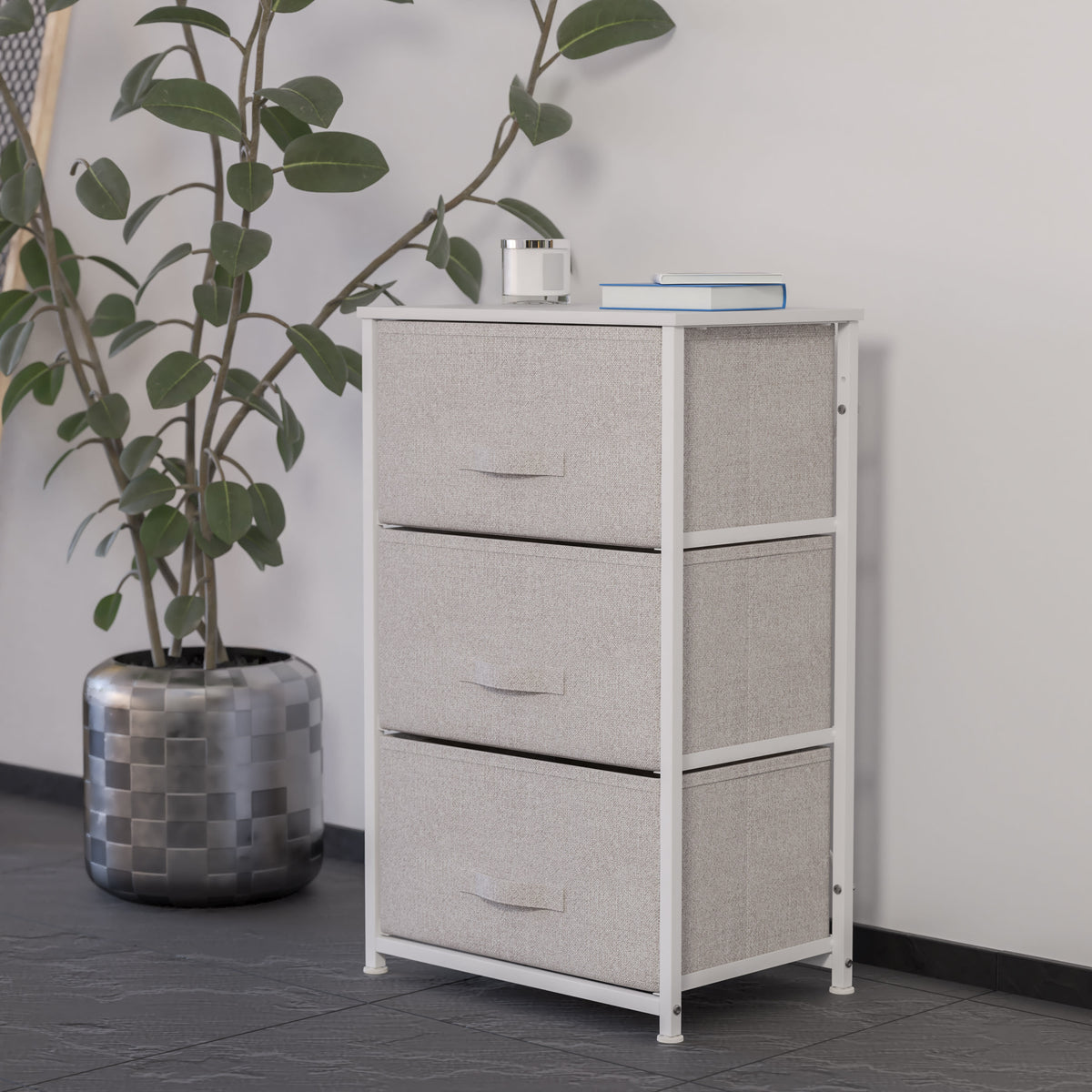 Gray Drawers/White Frame |#| 3 Drawer Vertical Storage Dresser with White Wood Top & Gray Fabric Pull Drawers