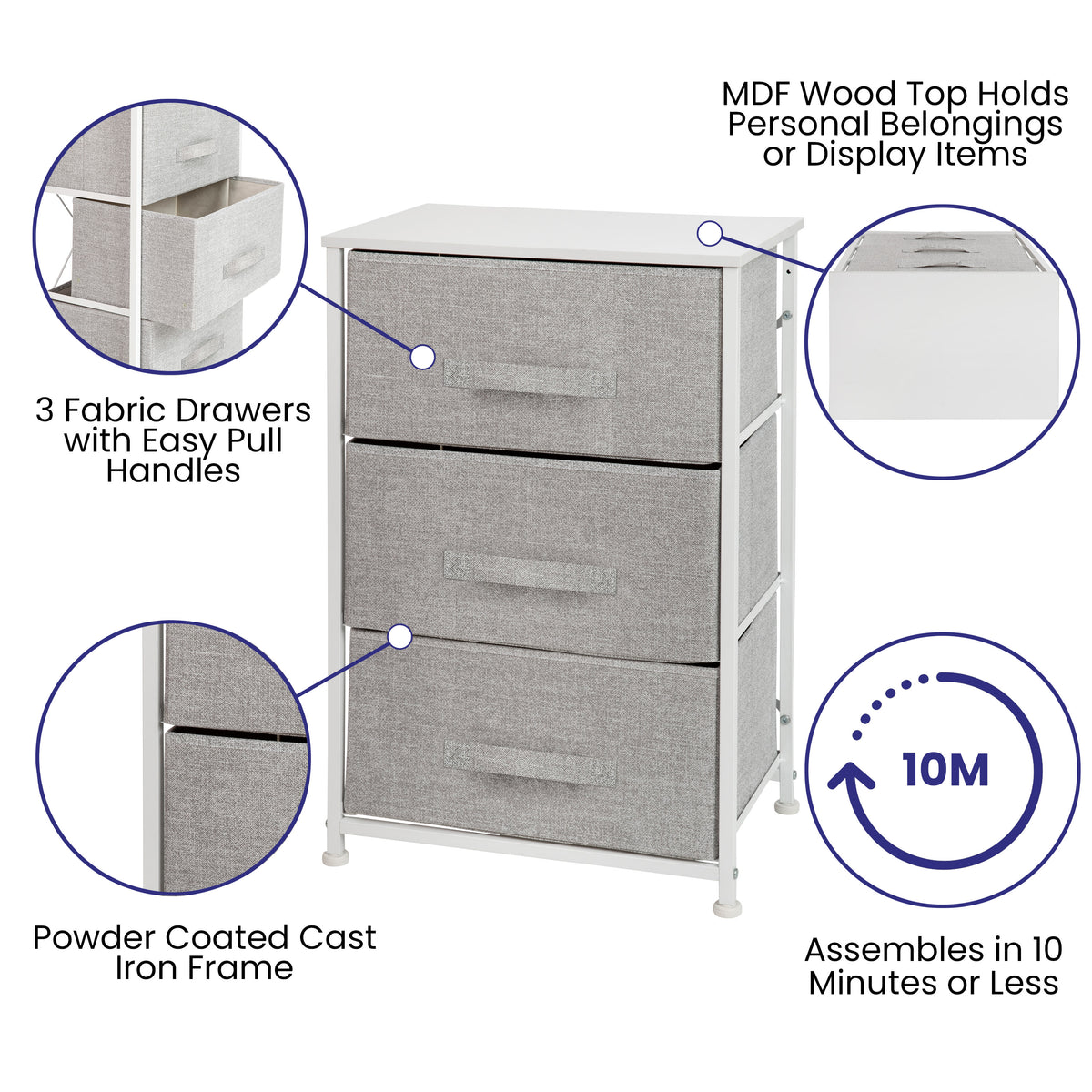 Gray Drawers/White Frame |#| 3 Drawer Vertical Storage Dresser with White Wood Top & Gray Fabric Pull Drawers