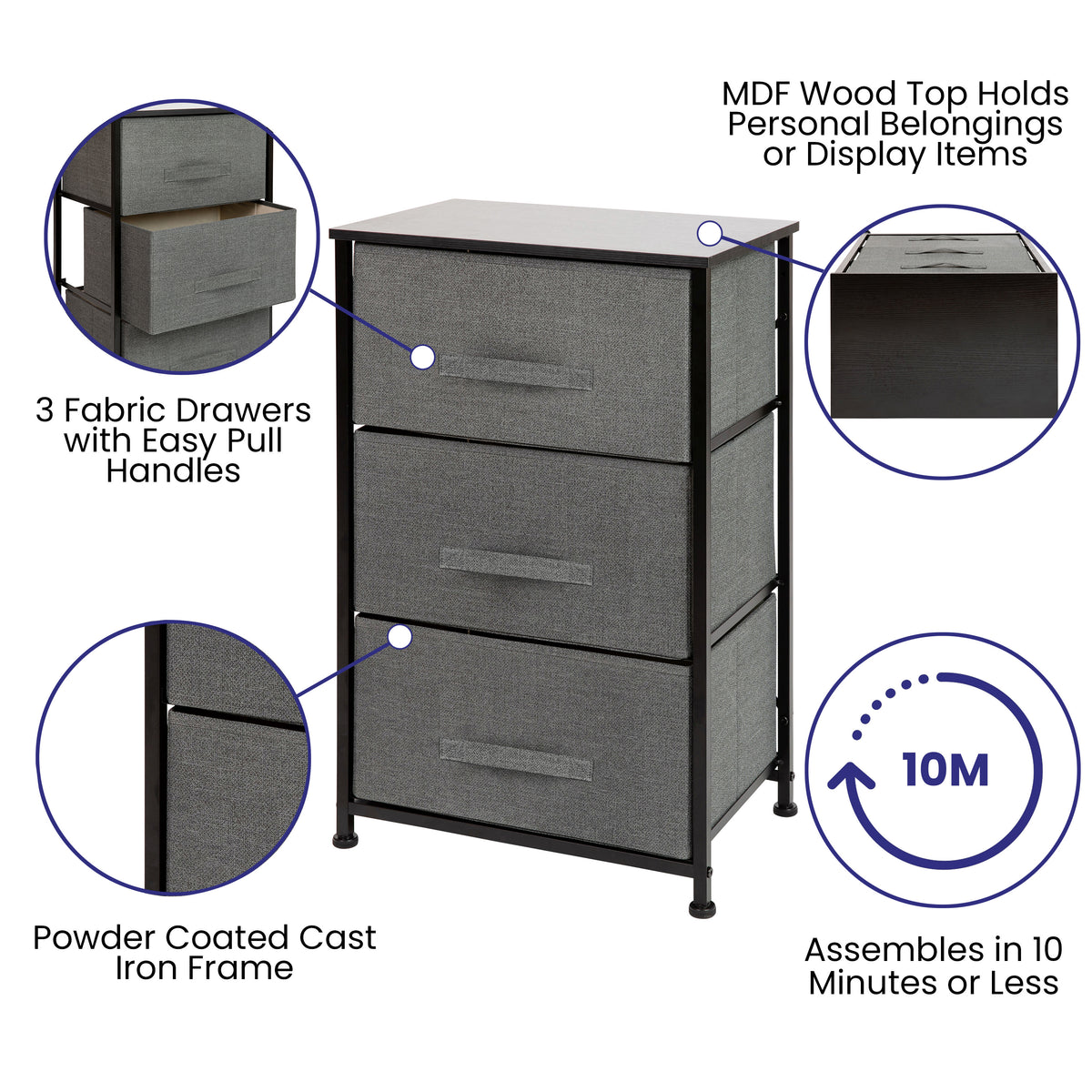 Gray Drawers/Black Frame |#| 3 Drawer Vertical Storage Dresser with Black Wood Top & Gray Fabric Pull Drawers