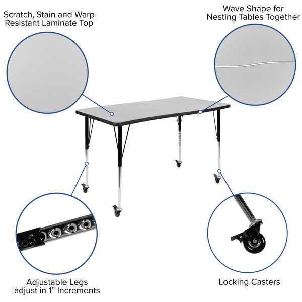 Grey |#| 3 Piece Mobile 76inch Oval Wave Flexible Grey Adjustable Activity Table Set