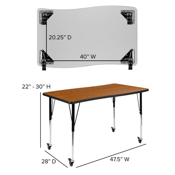 Oak |#| 3 Piece Mobile 76inch Oval Wave Flexible Oak Adjustable Activity Table Set
