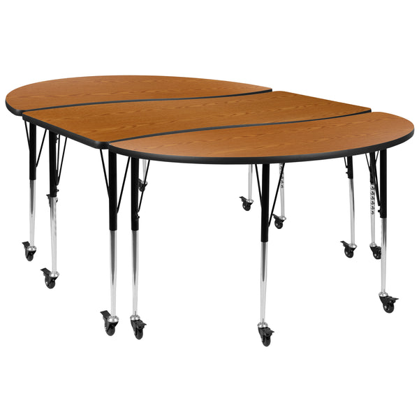 Oak |#| 3 Piece Mobile 86inch Oval Wave Flexible Oak Adjustable Activity Table Set