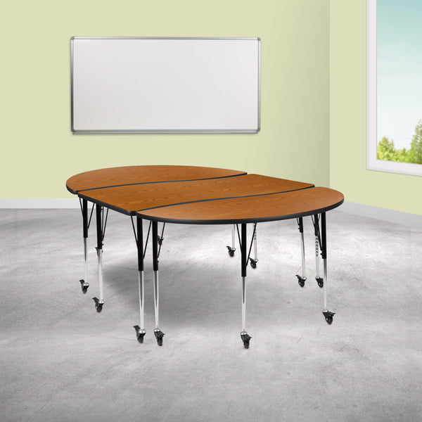 Oak |#| 3 Piece Mobile 86inch Oval Wave Flexible Oak Adjustable Activity Table Set