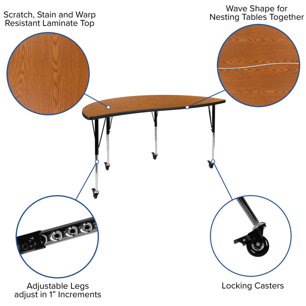 Oak |#| 3 Piece Mobile 86inch Oval Wave Flexible Oak Adjustable Activity Table Set