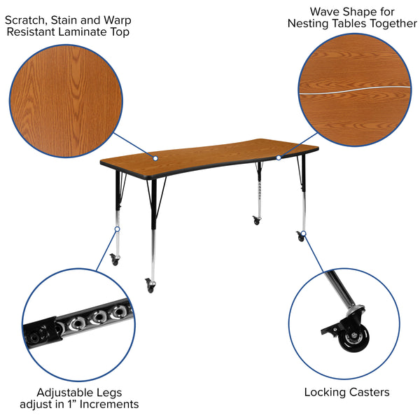 Oak |#| 3 Piece Mobile 86inch Oval Wave Flexible Oak Adjustable Activity Table Set