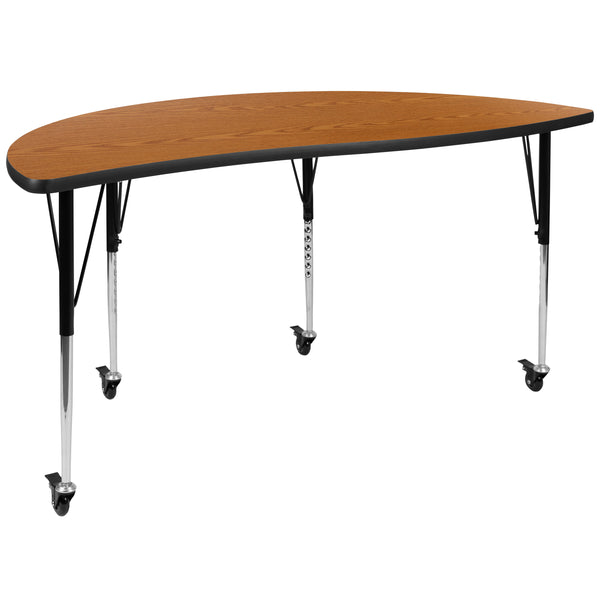 Oak |#| 3 Piece Mobile 86inch Oval Wave Flexible Oak Adjustable Activity Table Set