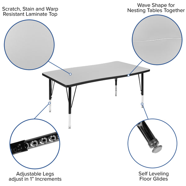 Grey |#| 3 Piece 76inch Oval Wave Flexible Grey Kids Adjustable Activity Table Set