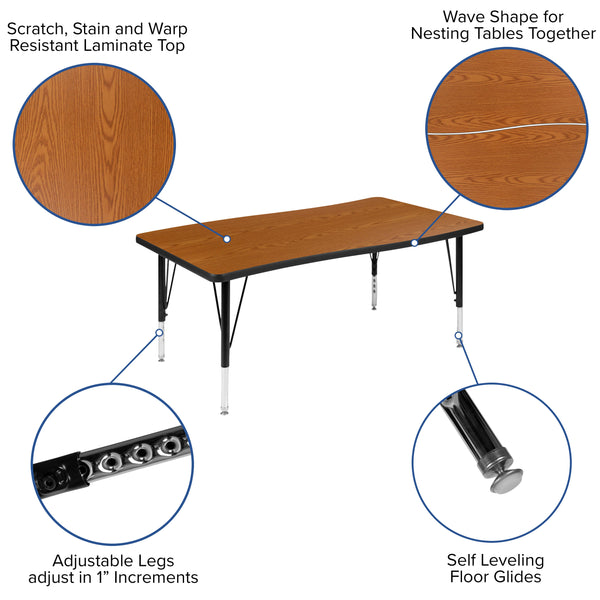 Oak |#| 3 Piece 76inch Oval Wave Flexible Oak Kids Adjustable Activity Table Set