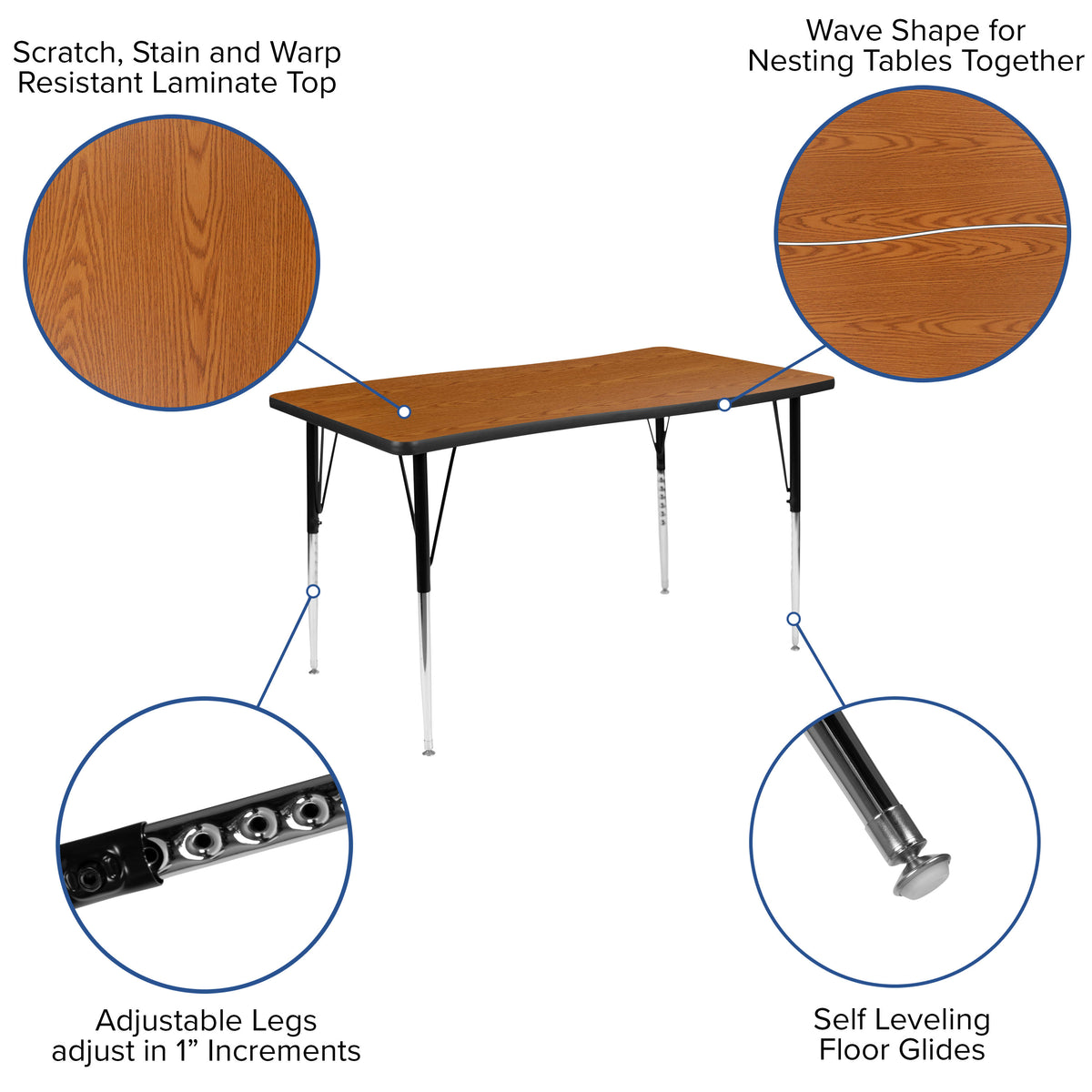 Oak |#| 3 Piece 76inch Oval Wave Flexible Oak Adjustable Activity Table Set