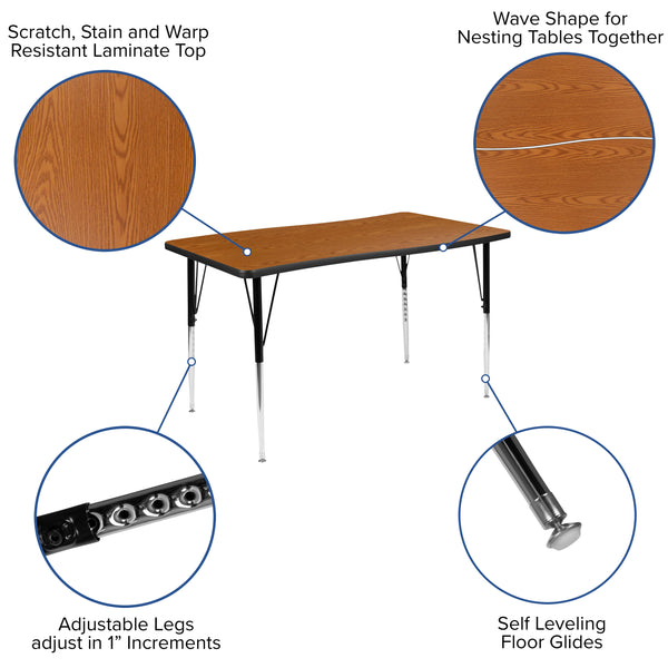Oak |#| 3 Piece 76inch Oval Wave Flexible Oak Adjustable Activity Table Set