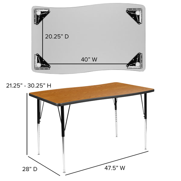 Oak |#| 3 Piece 76inch Oval Wave Flexible Oak Adjustable Activity Table Set